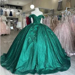 Luxury Emerald Green Quinceanera Dresses Off Shoulder Ball Gown Floral Applique Crystal Sweet 16 Dresses Birthday Party Gown