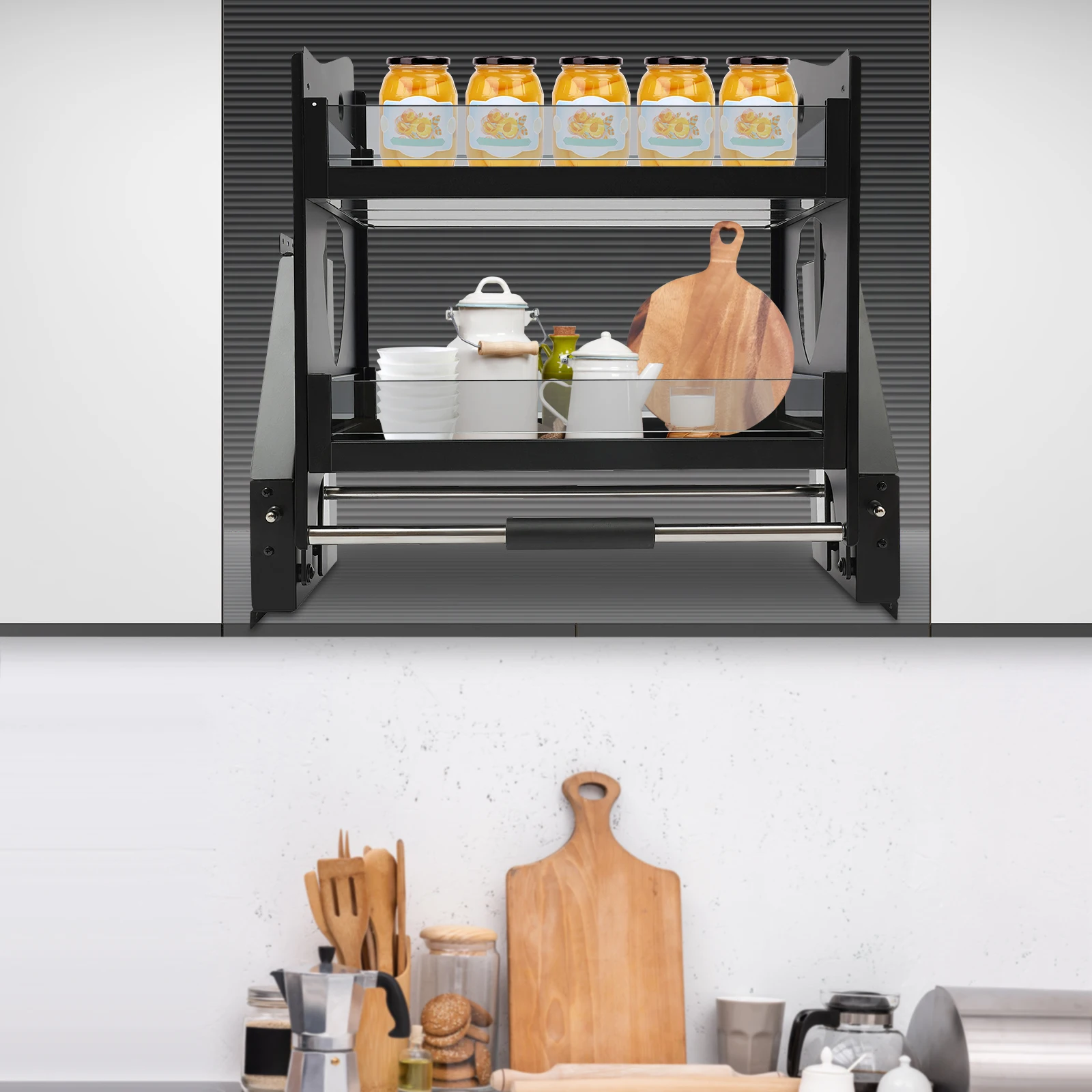 

2 Tier Kitchen Cabinet Pull Down Shelf Organizer, Black Modern Style Heavy-Duty Lift Cabinet Organizer, Pull-Down Storage Basket