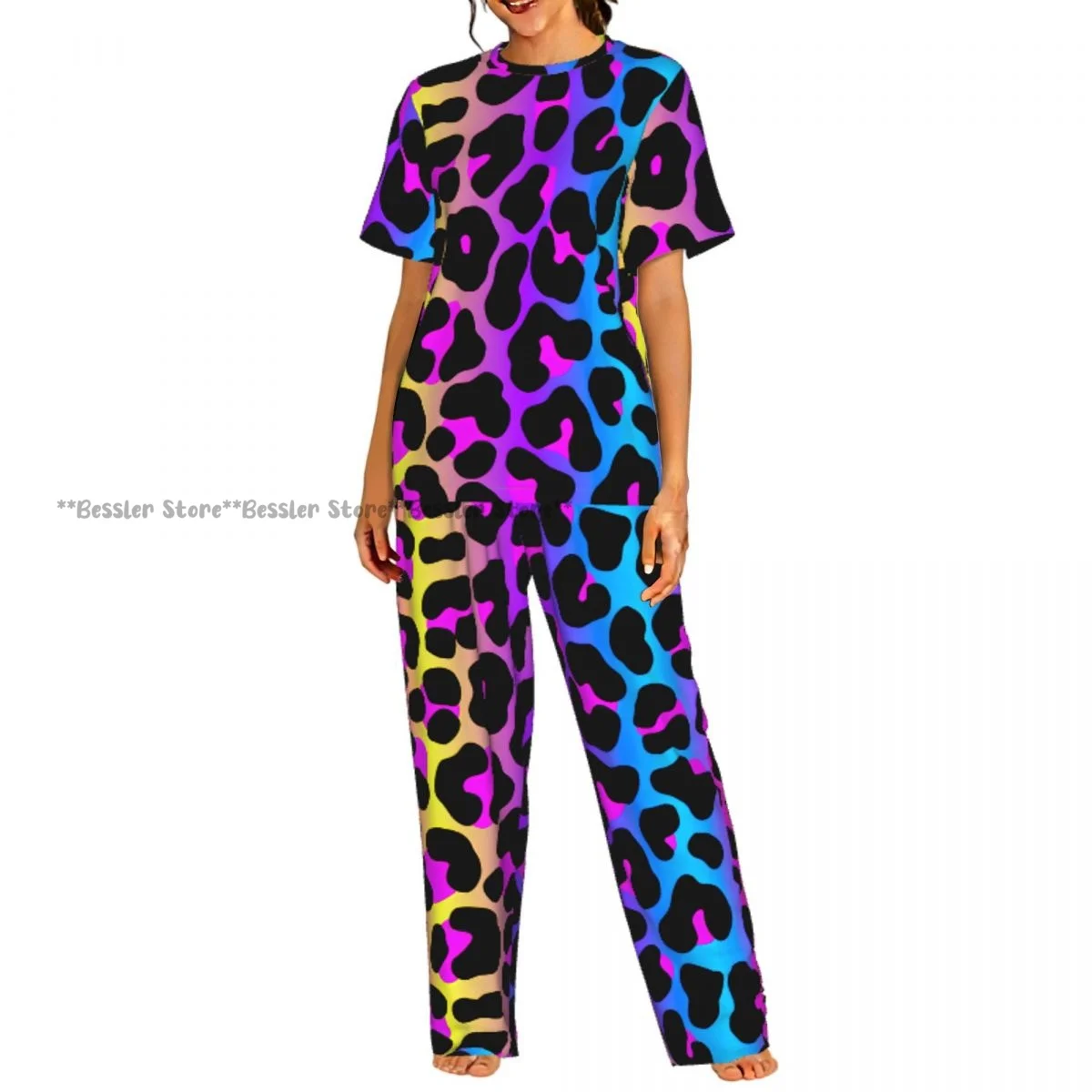 

Women's Pajamas Set Neon Leopard Pattern Short Sleeve Sleepwear 2 Piece Homewear Loungewear