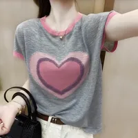 Loose-Fit Slimming Round Neck Otelis Brand Women's Knitted Top Short Sleeves Bamboo Color Block T-Shirt Crew Neck Design