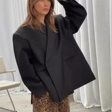 Loose Elegant Grey Asymmetric Blazer Women Lapel Long Sleeve Split Suit Jackets 2025 Autumn Winter Lady Fashion Outwear Street