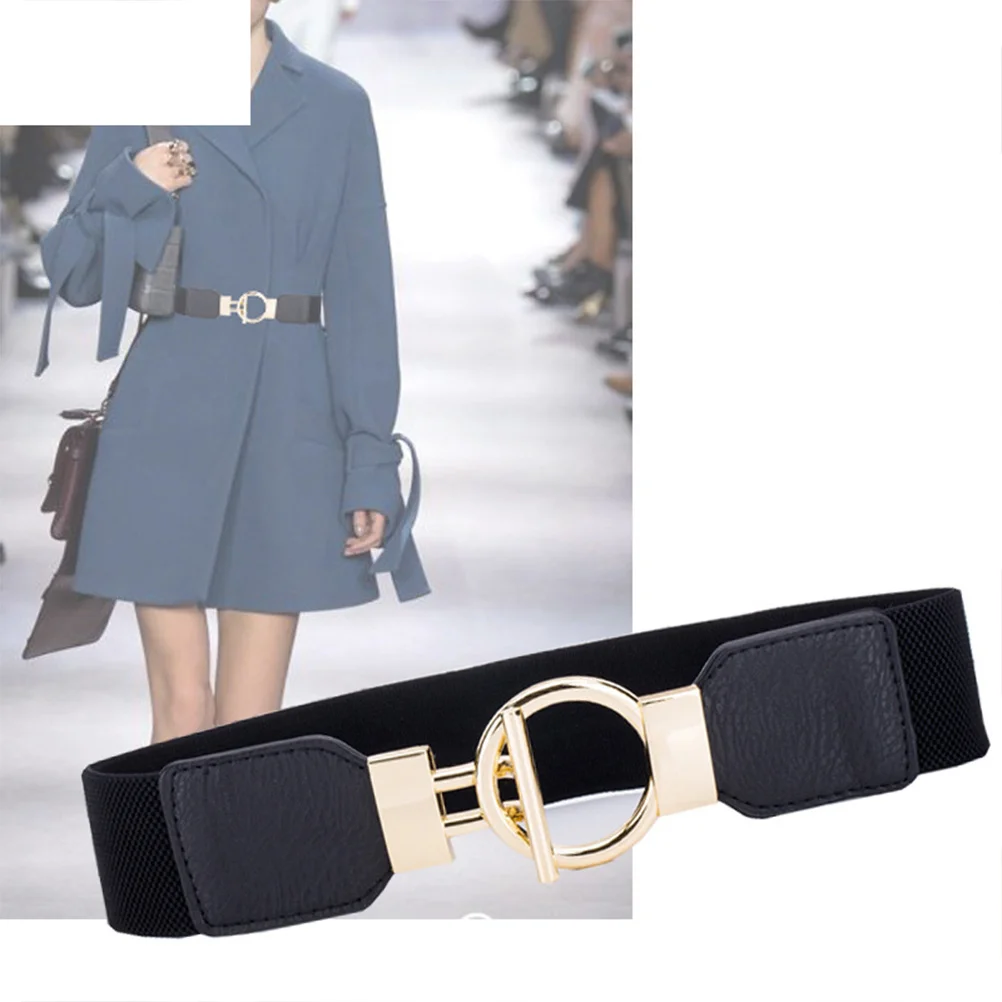 1 قطعة حزام خصر نسائي أسود عريض من البولي يوريثان بإبزيم مستدير ذهبي حزام خصر قابل للتمدد إكسسوار أنيق لفساتين الجينز