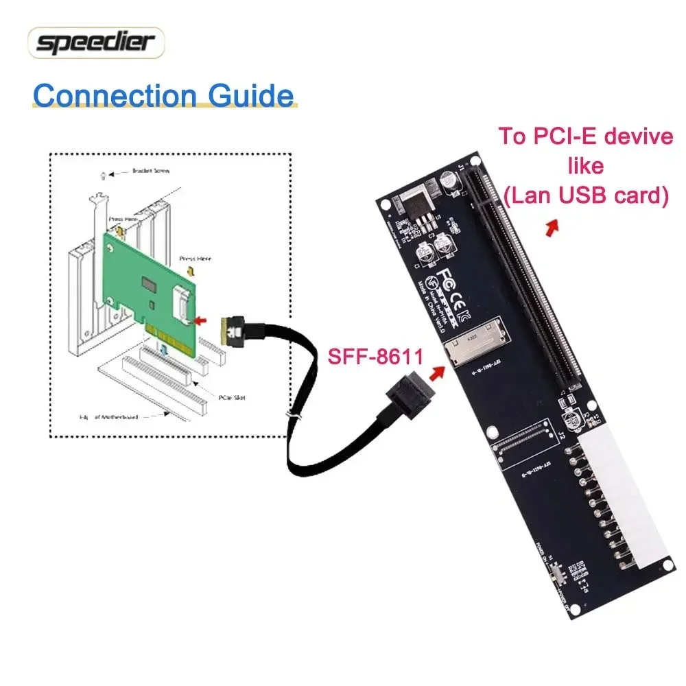 Oculink 8x SFF-8611 SFF-8612 Адаптер 8i к PCI Express 4.0 X16 Gen4 Внешняя видеокарта Адаптер OCuLink EGPU ATX 24-контактный адаптер питания