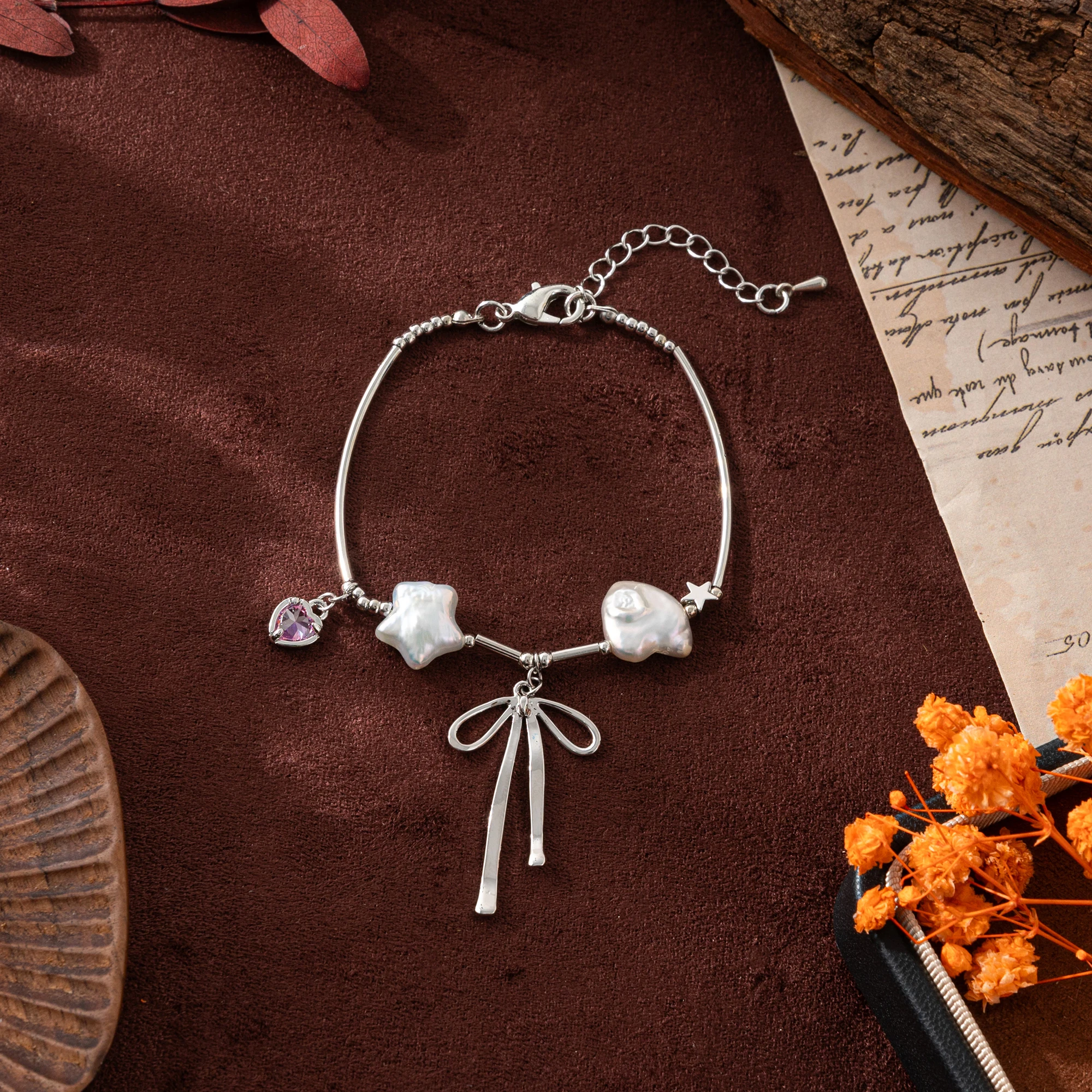 

18K Gold Plated Bow Charm Bracelet for Women, Irregular Pearl Star Beads Chain, Cute Dainty Adjustable Bangle Jewelry ﻿