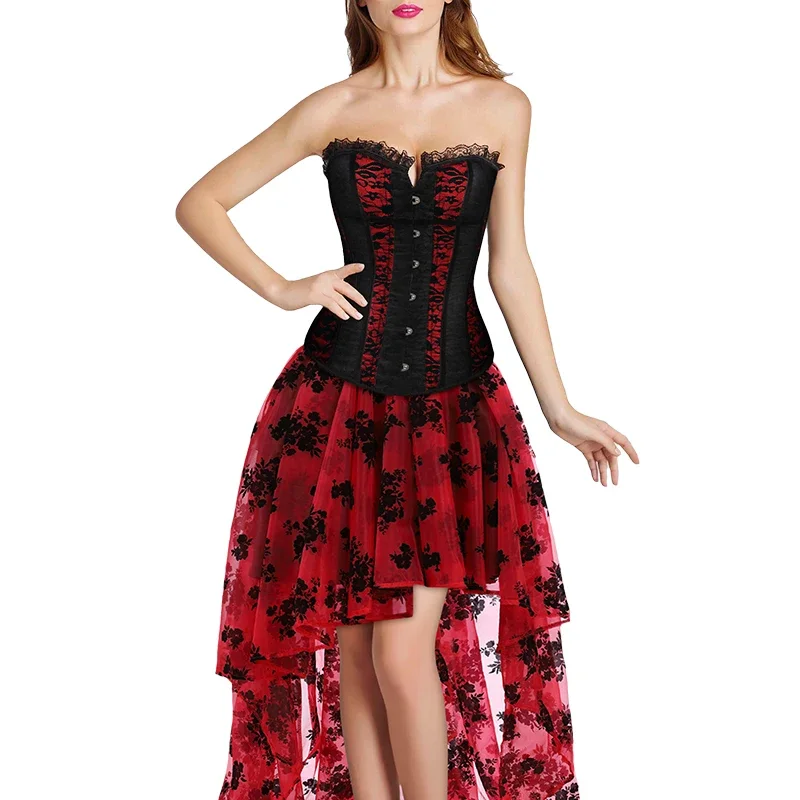 Corset Dresses for Women Plus Size Wedding Dress Red and Black Sexy Lace Up Corset Bustier Top Lace Skirt Gothic Corsets XC3946