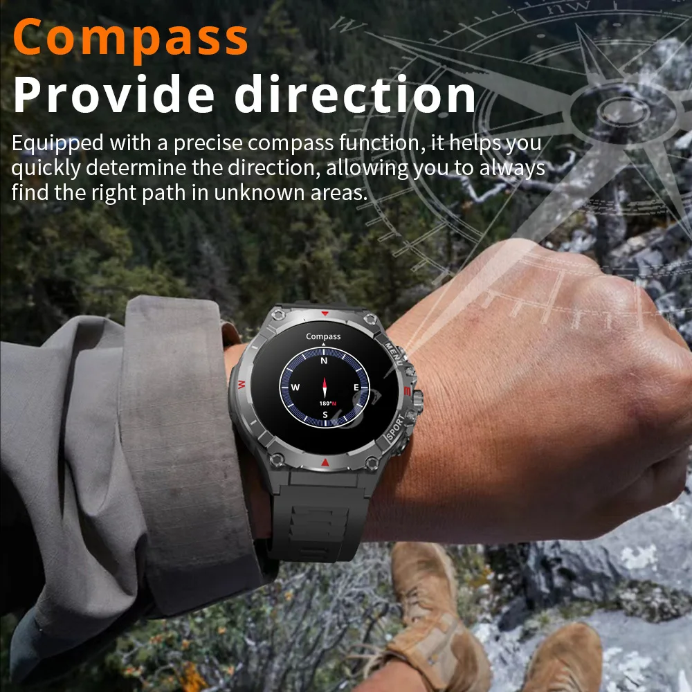 V76 Sport all'aria aperta GPS Smart Watch da uomo con bussola Schermo AMOLED HD da 1,43 pollici Chiamate BT Monitoraggio della salute Fitness Track Smartwatch
