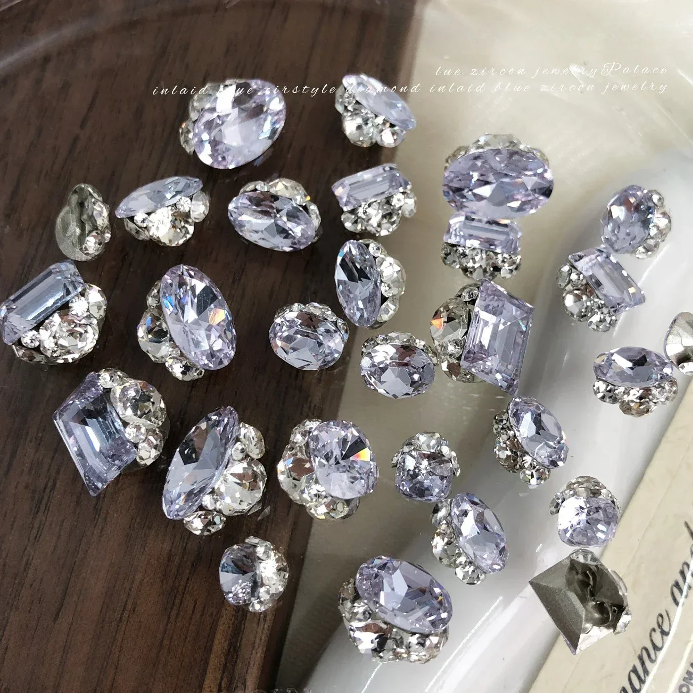 5Pcs Lavender Purple K9 Crystal Nail Clusters, Sparkling Baseless Slim Oval, Rectangle & Fat Square Pre-made Rhinestone Charms