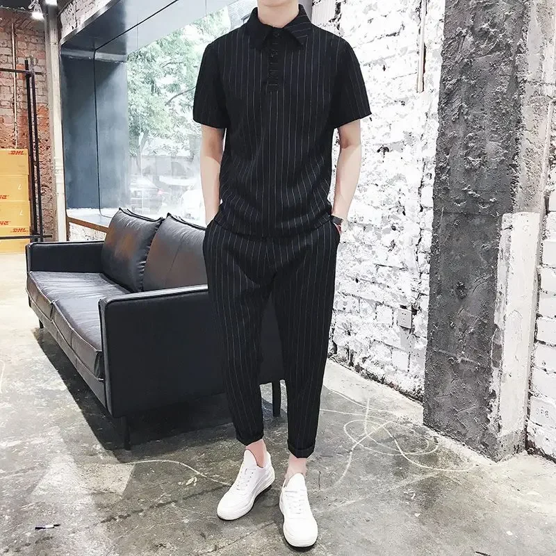 Striped T Shirt Pants Sets for Men Aesthetic Top Black Regular Fit Cotton Print Summer Sweatshirt Basic 2024 Trend Loose Clothes