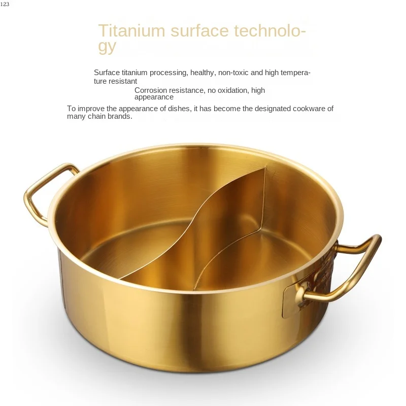 

Two-Flavor Hot Pot Hot Pot Cookware Thickened Compound Bottom Soup Pot Shabu-Shabu Golden Stainless Steel