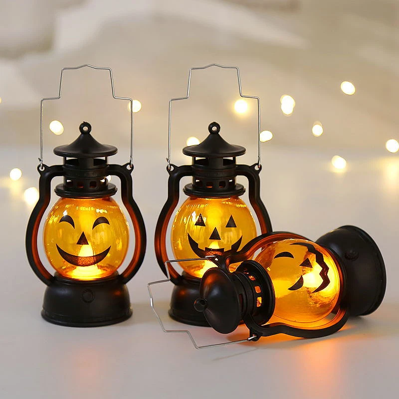 Halloween Pumpkin Lantern Handheld  LED Lamp Vintage Kerosene Table Lights for Home Camping Garden Yard Door Decor