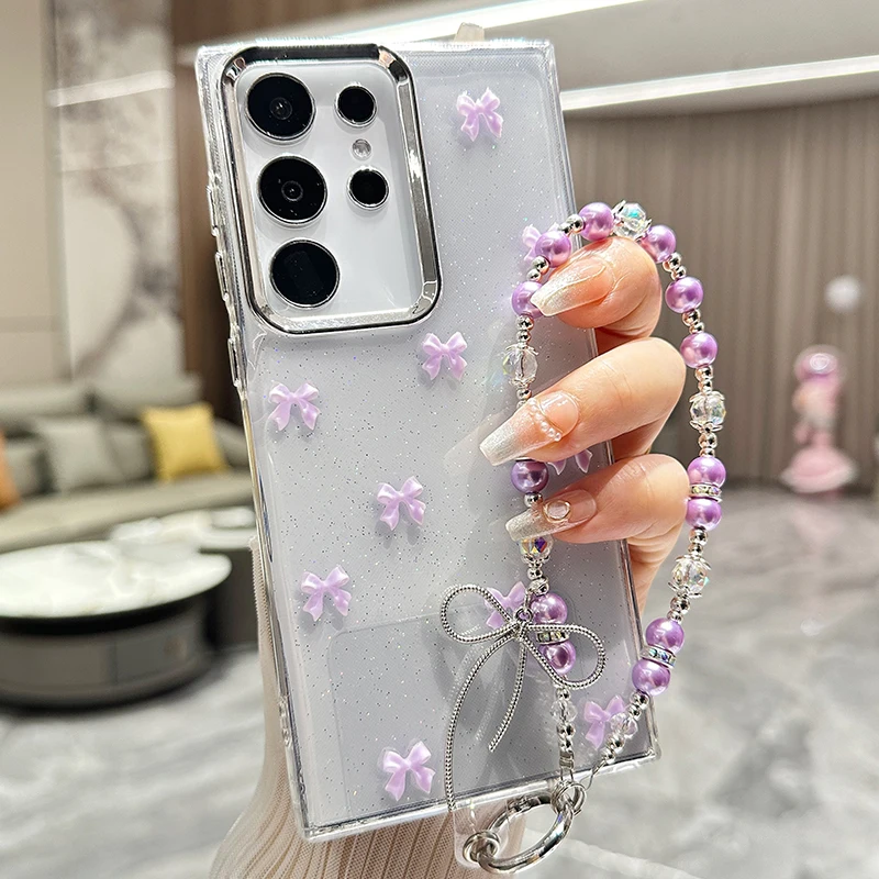 Luxury Glitter Bow Pearl Bracelet Cover Case For Samsung Galaxy S25 Ultra S24 FE S23 S22 Plus A13 A14 A15 A16 A25 A35 A55