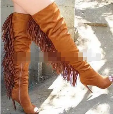 Fashion Brand Design Autumn Black Camel Brown Fringed Round Head Cowhide Stiletto Medium High Boots Fish Mouth Open Toe Boots