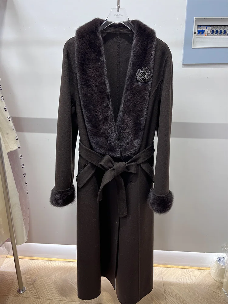 

New Autumn Winter Natural Mink Fur Collar Jacket Cashmere Wool Woolen Ladies Outerwear Female Coat Real Fur Long Coat Women