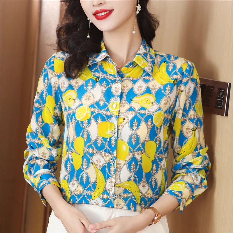 

Clothing Women Unique Printed Silk Shirt Spring Autumn New Fashionable Turn-Down Collar Long Sleeve Mulberry