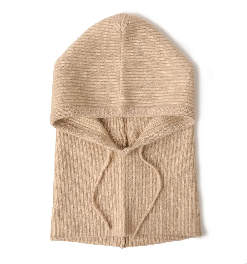 100%Wool Hooded Drawstring Balaclava Hat Women Winter Autumn Soft Warm Neck Scarf Fashion False Collar Wollen Beanies Cap Men