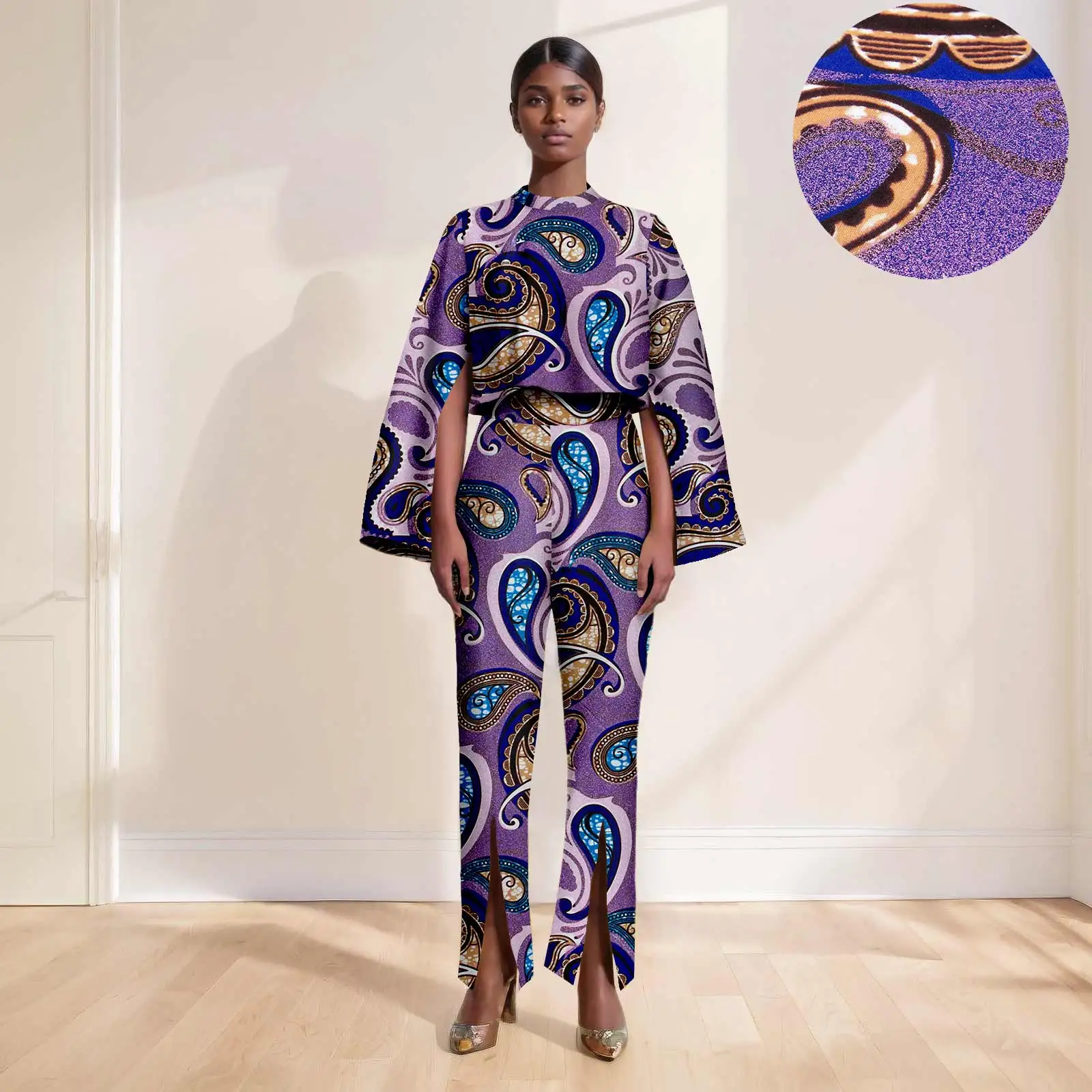 African American Women Ankara Printed Sexy Long Sleeve Super Short Top Fashion Casual Wide Leg Pants 2426032