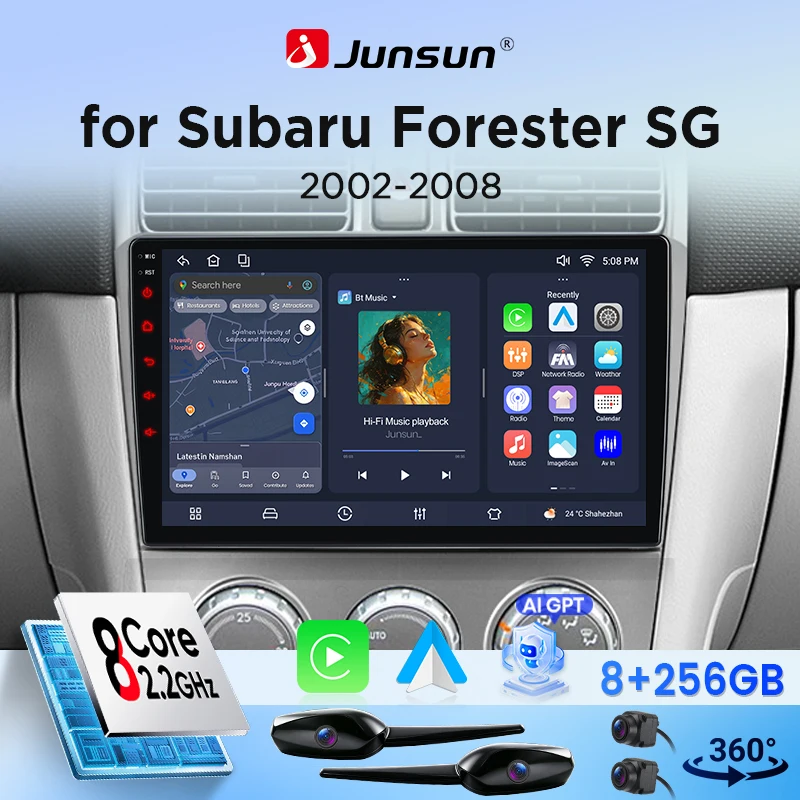 Autoradio Android Junsun pour Subaru Forester SG 2002 2003 2004-2008, écran tactile IPS HD 9 pouces, autoradio multimédia sans fil, CarPlay, Android Auto, systèmes intelligents, GPS, navigation, Bluetooth, SWC, Canbus, DSP, RDS, WiFi, lecteur multimédia, écran partagé, Mirrnk, USB, mains libres
