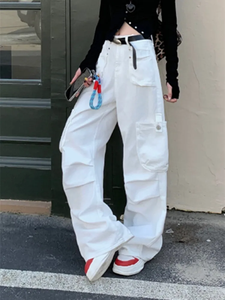 2024 Ropa Y2K Streetwear Wine Red Multi Pockets Baggy Jeans pants For Women Clothes Wide Leg Luxury Casual Lady Cotton Trousers