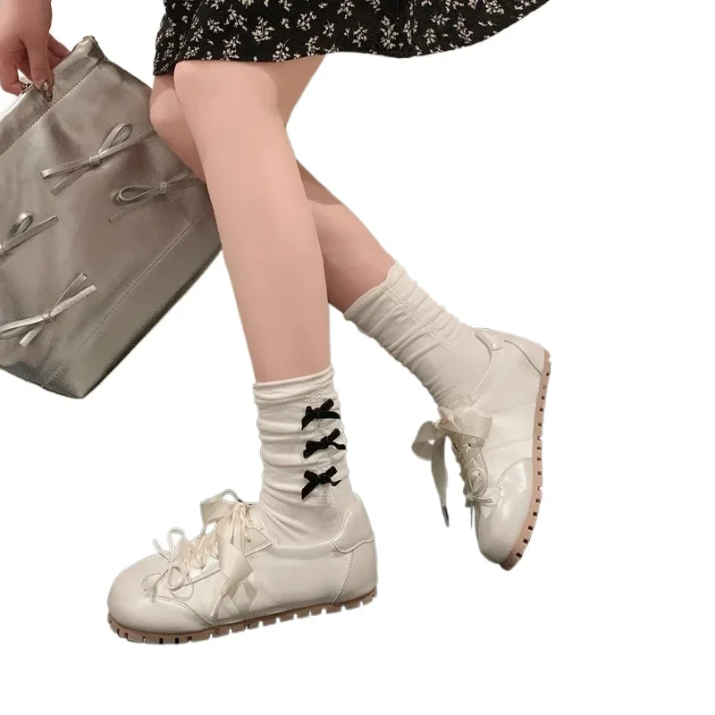 Chaussures plates De Ballet en dentelle avec nœud pour femmes, baskets Joker Dequn décontractées à fond souple, printemps et automne