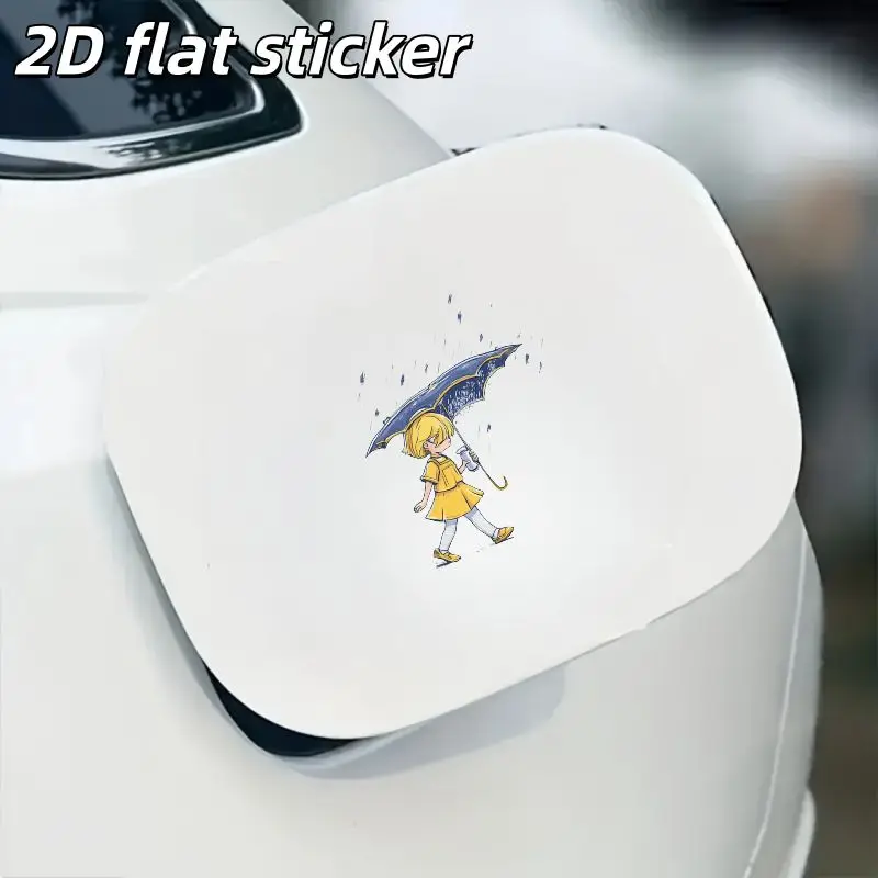 1Pc 2D Flat Rainy Girl Vinyl Sticker, Waterproof Black Background Decal for Car Window & Body