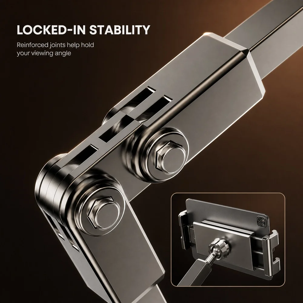 Adjustable Bed Phone Holder Stand for 4.7-12.9 Inch Phone Tablet, Foldable Metal Arm Desk Clamp, 360° Viewing view 3