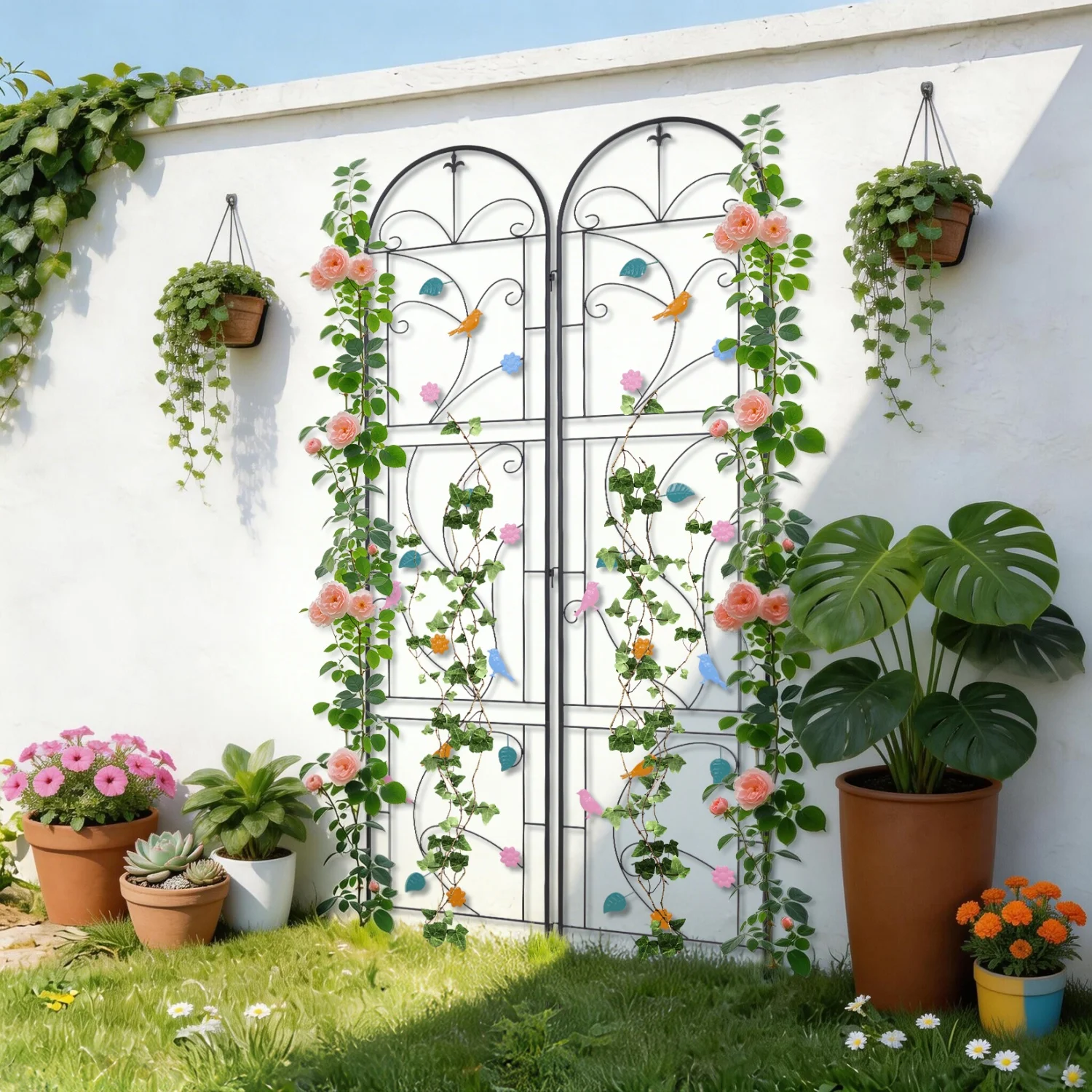 qp- Tall Metal Garden Trellis Rustic Iron Arch Decoration Support Trellis Fence Birds Flowers for Climbing Plants Roses Vine-