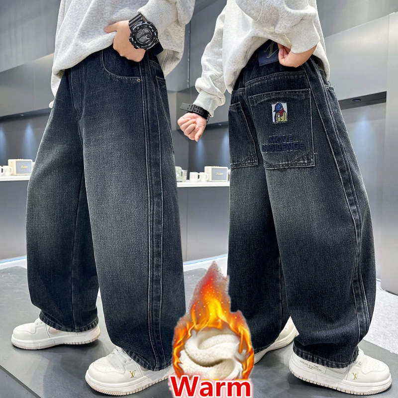 

Teenager Child Winter Thick Insulated Jeans with Cartoon Print For Shcool Boy Warm Fleece Denim Pants Kids Thermal Trousers 5-14