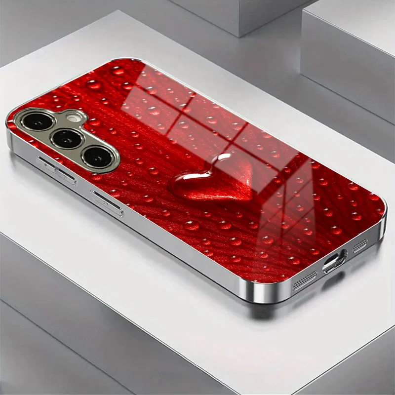 

Gold-plated tempered glass phone case, compatible Galaxy S26 S25 S24 S23 S22 Ultra Plus. Adorned with a large red heart pattern.