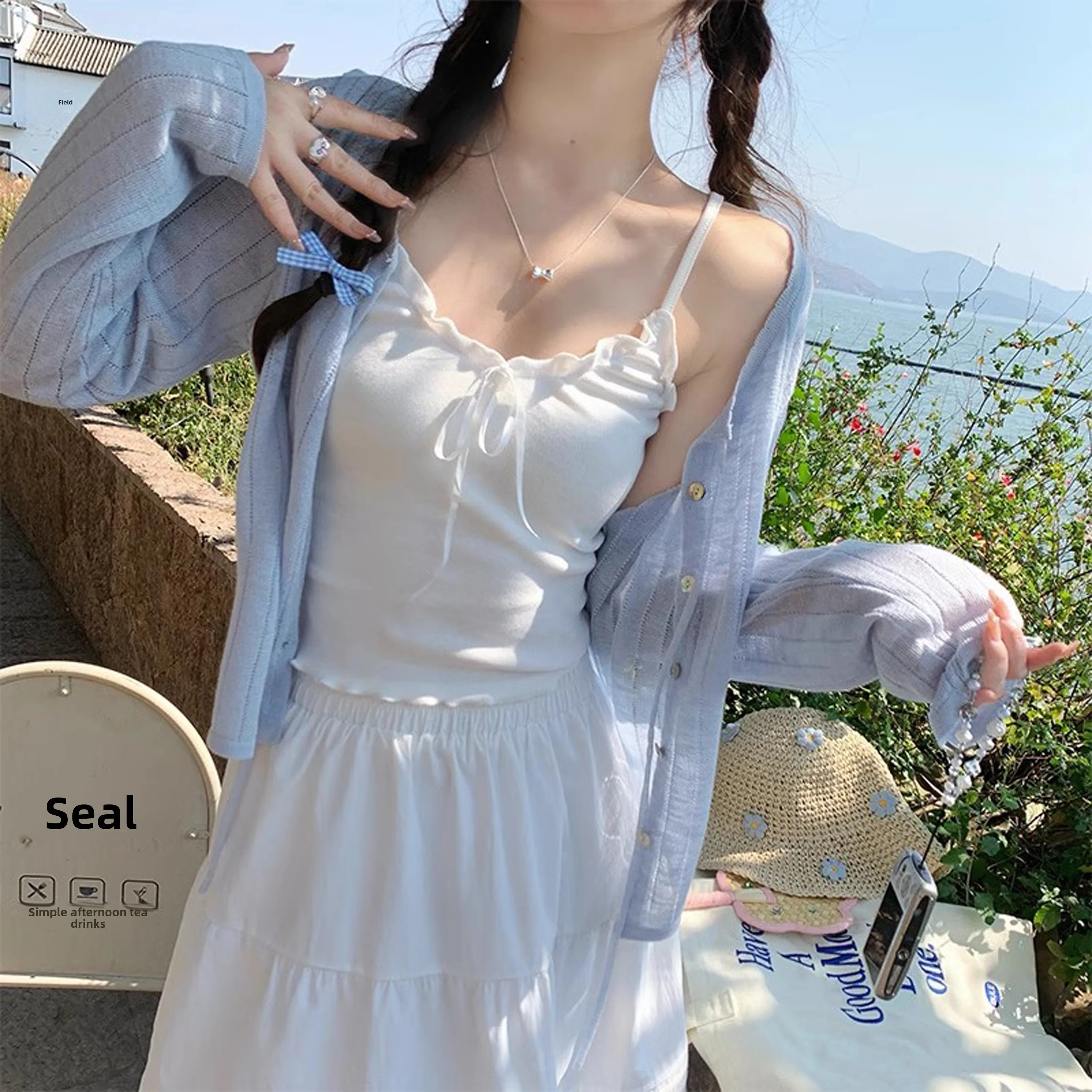 

Синий ледяной шелк вязаный солнцезащитный кардиган женский летний тонкий одинаковый ремень длинный свеч irt корейский свободный крой