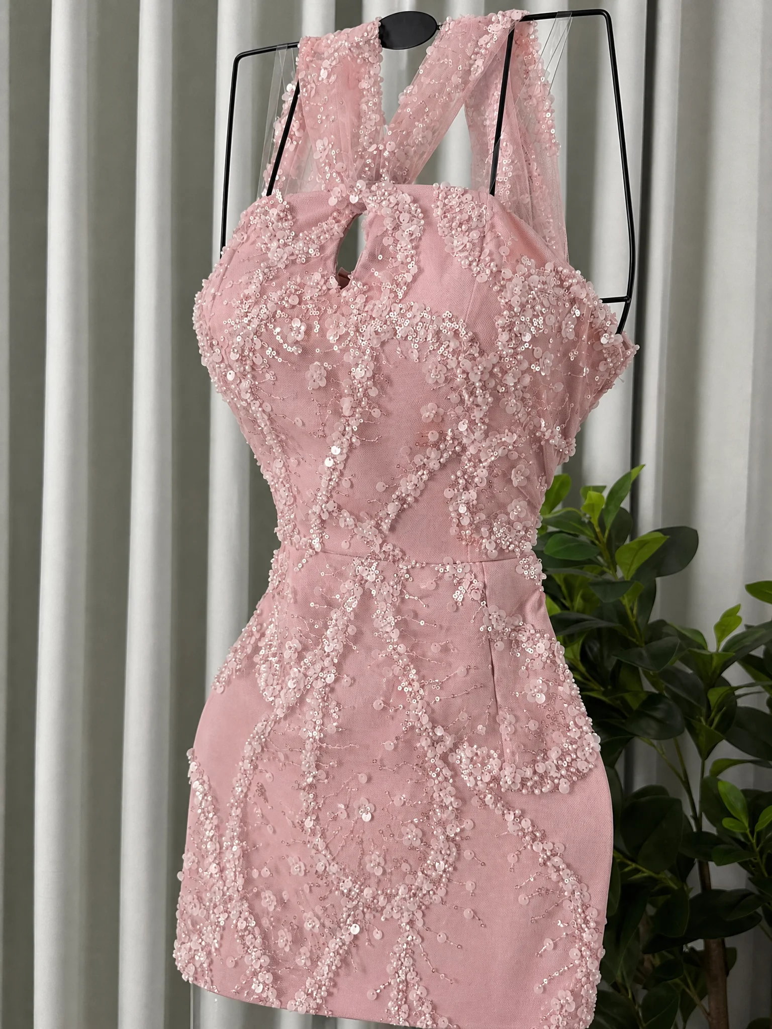 Nude Pink Halter Evening Dress with Beaded Embroidery Floor Length Elegant Party Dress Women's Formal Evening Gown