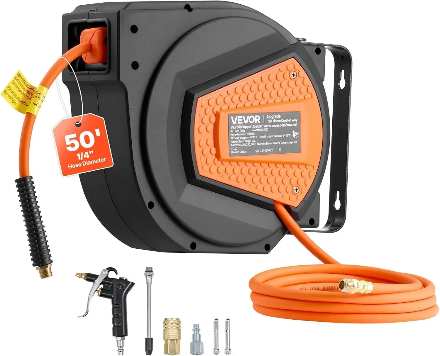 Retractable Air Hose Reel, 1/4 Inch x 50 FT Hybrid Air Hose Max 300PSI, Enclosed Air-Compressor Hoses Reel Auto Rewind with 6.6