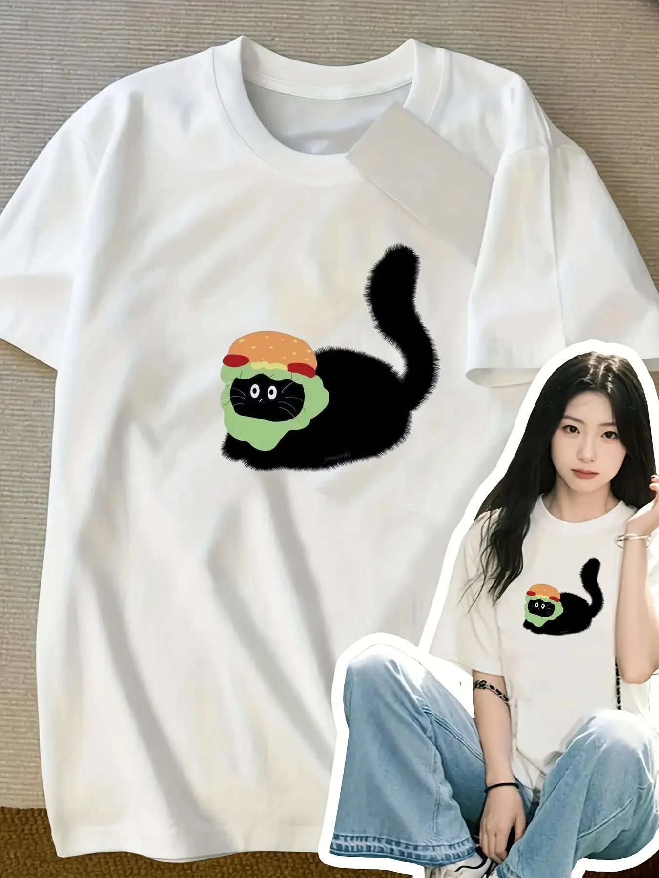 

Милый гамбургер, кошка, гамбургер, котенок, уличная одежда с короткими рукавами и круглым вырезом, повседневная повседневная эстетичная одежда в стиле Харадзюку с короткими рукавами