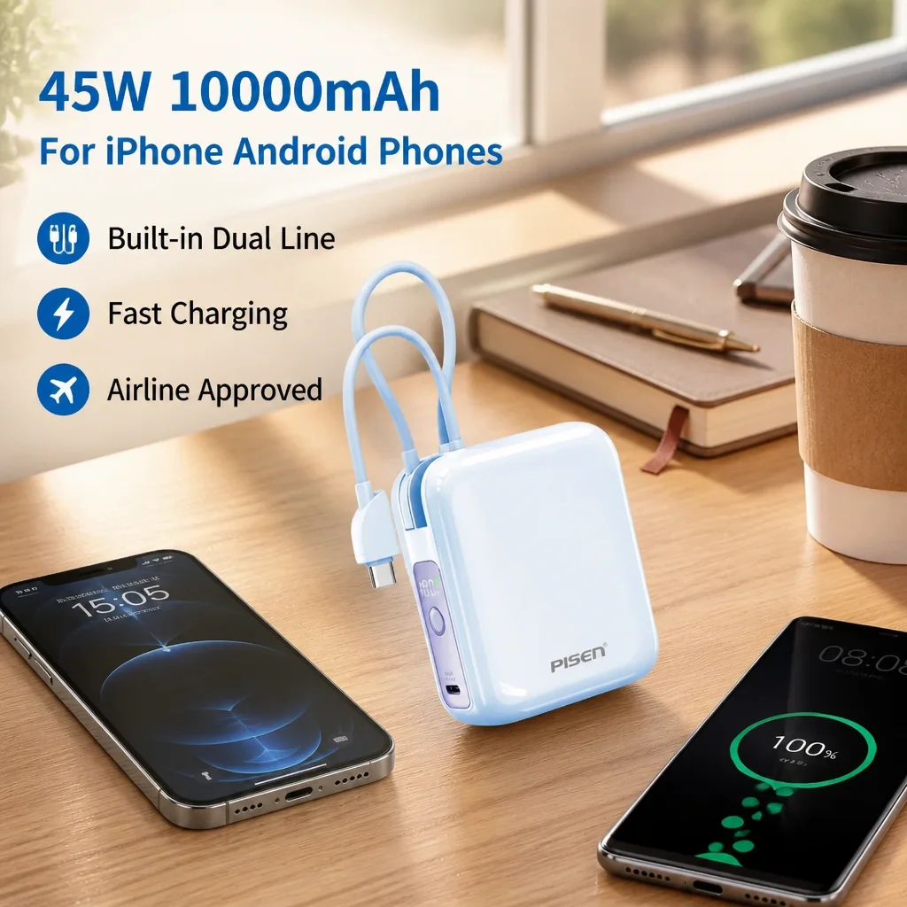 Power Bank 10000mAh 45W Fast Charging Built-in Dual Line Mini Portable External Battery Charger For iPhone Android Phones