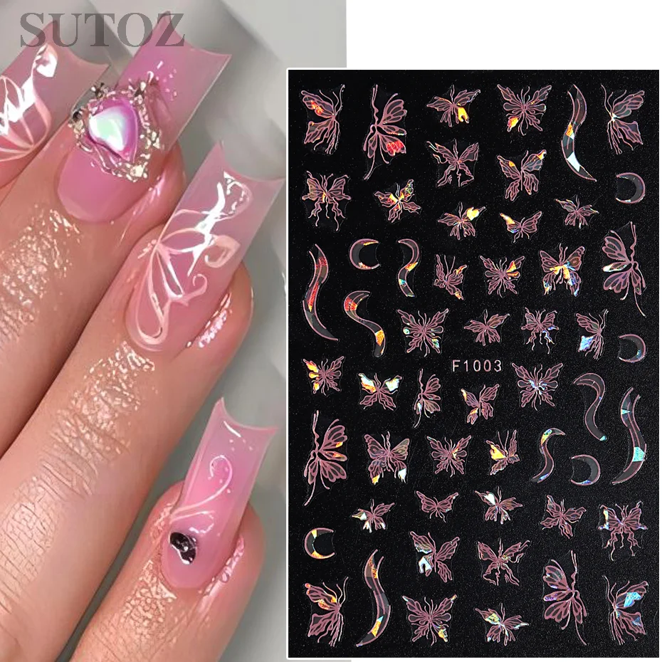 Vlinder Nail Art Stickers Vloeibare Lichtgevende Holle Zwart Roze Aurora Laser Vlinder Nail Stickers Decoratie F1005