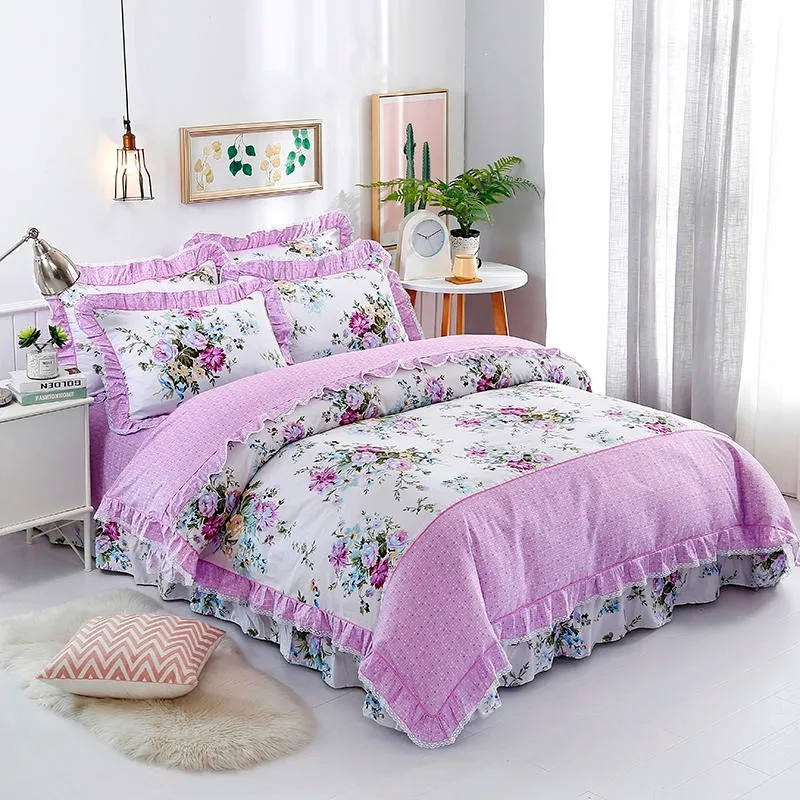 Elegant Vintage Purple Rose Floral Duvet Cover Bedsheet Lovely Ruffle Style Exquisite Craft 100%Cotton Double Queen King 4Pcs