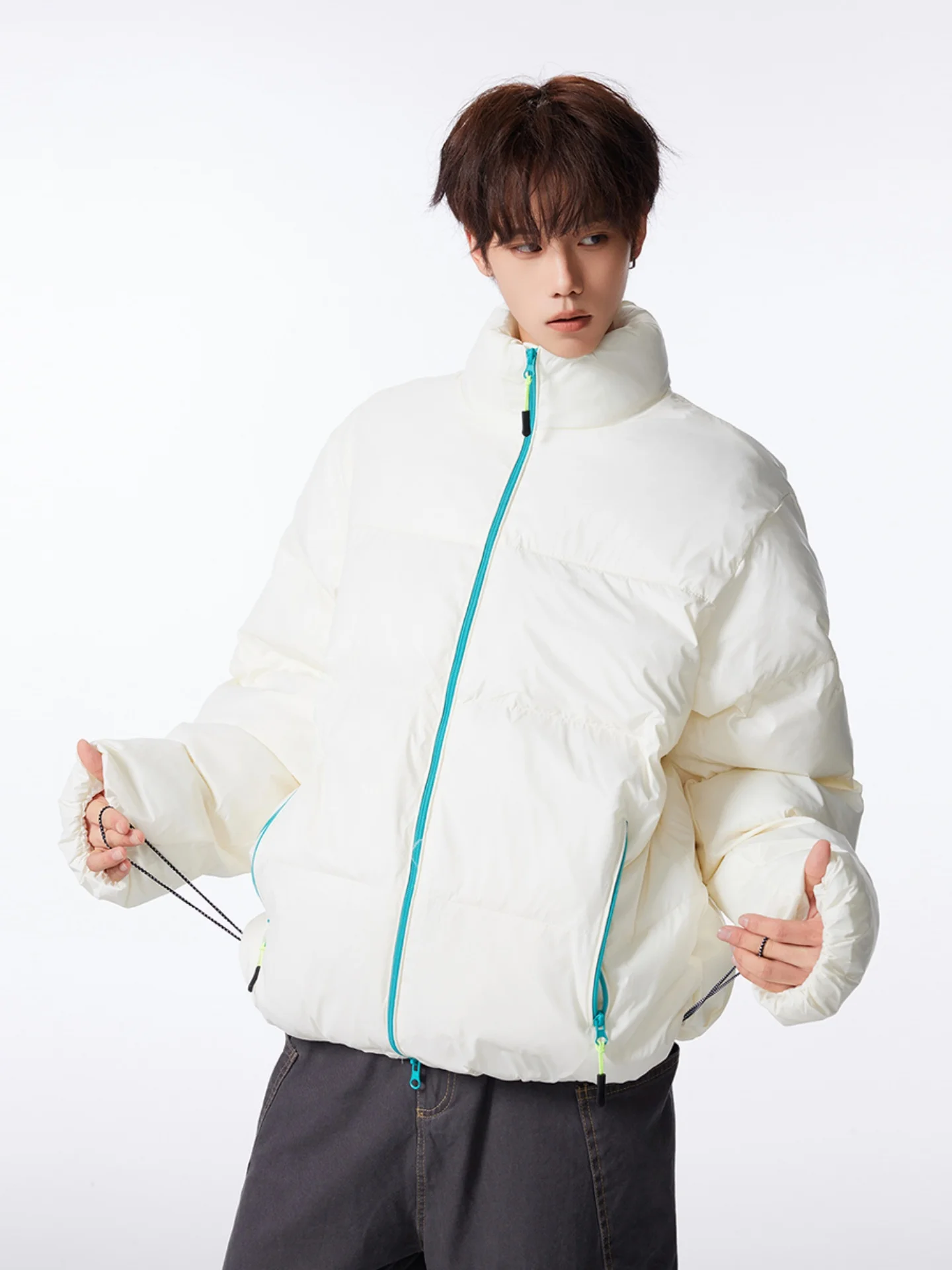 

Thiened down Cotton Jaet Men's Winter Coat Warmth Cold Proof Slim Fit Long Sve Zipper Closure Pure Color Stand Collar