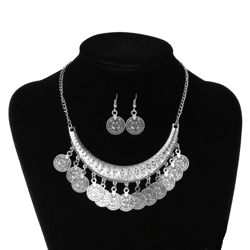 31BB 2pcs Exquisite Silver Metal Clavicle Chain Ethnic Style Coin Necklace Earring Set Gift for Women Teen Girls Daily Wear