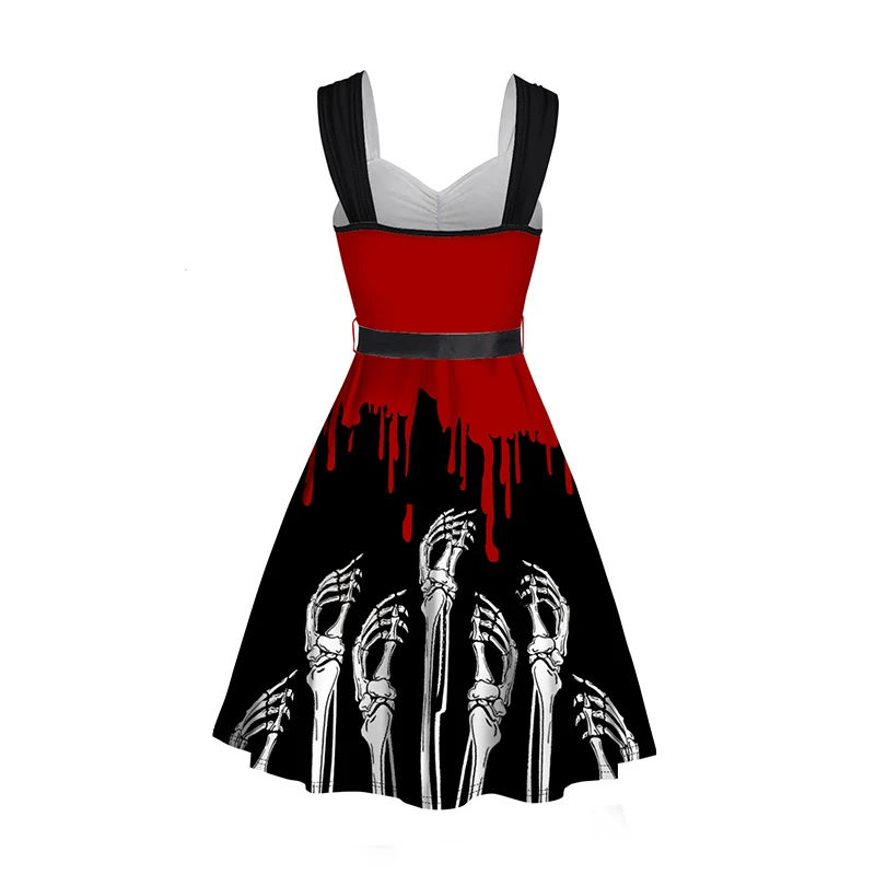 Halloween Belted Mini Dress Blood Skeleton Hand Print Mock Button Ruched Dress High Waist Sleeveless Dresses 2024 New