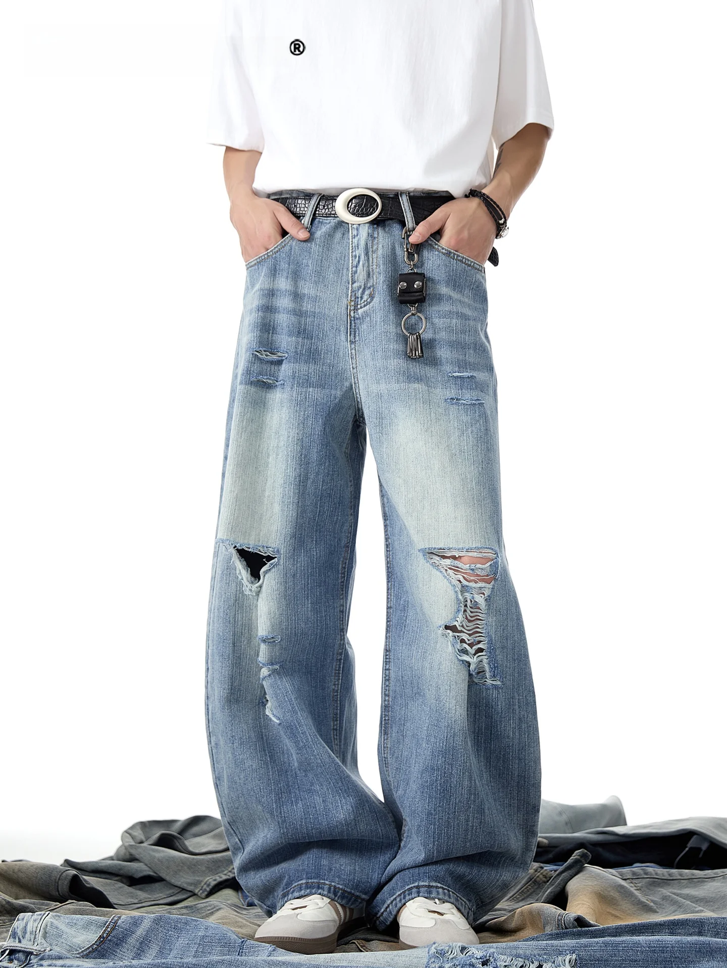 SDMADE American Retro Hole Bamboo Pattern Jeans Men Women Wide Leg Knife  Denim Pants Youth Popular High Waist Long Pants