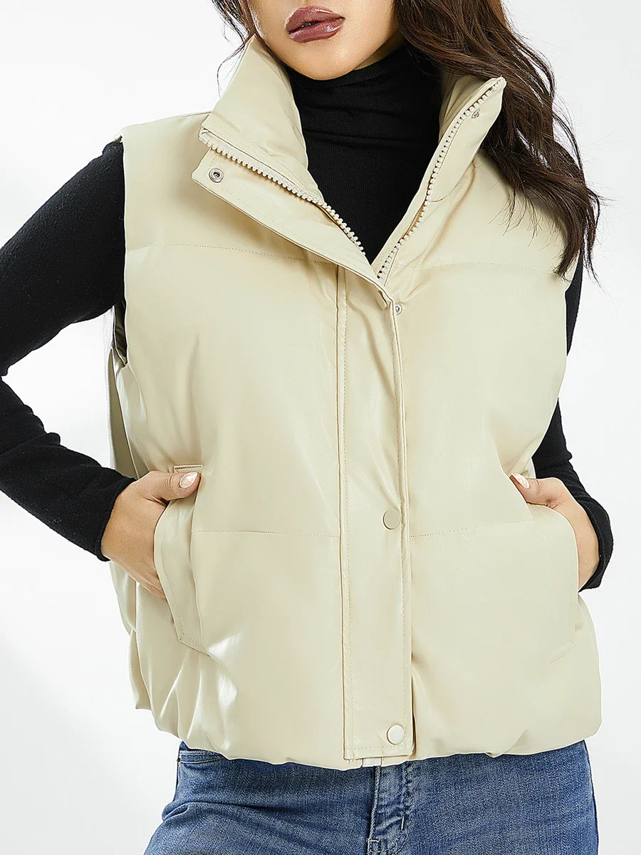 Women Winter Warm Vest Coat Solid Color Zip-Up Button Side Pockets Mock-Neck Tops Outerwear