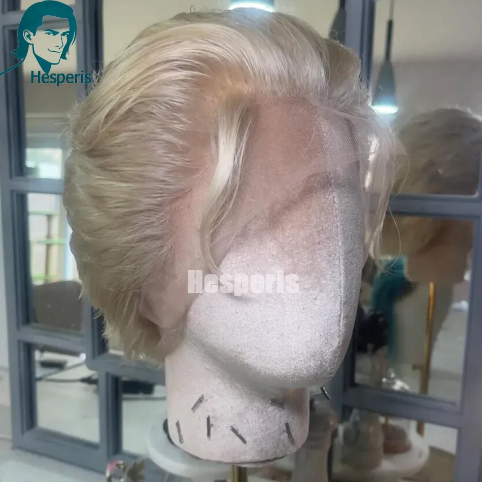 

Мужской парик Hesperis из натуральных человеческих волос, с многослойной стрижкой, полностью кружевной, с предварительно выщипанными линиями, натуральные волны, короткая стрижка пикси, кружевные парики для мужчин