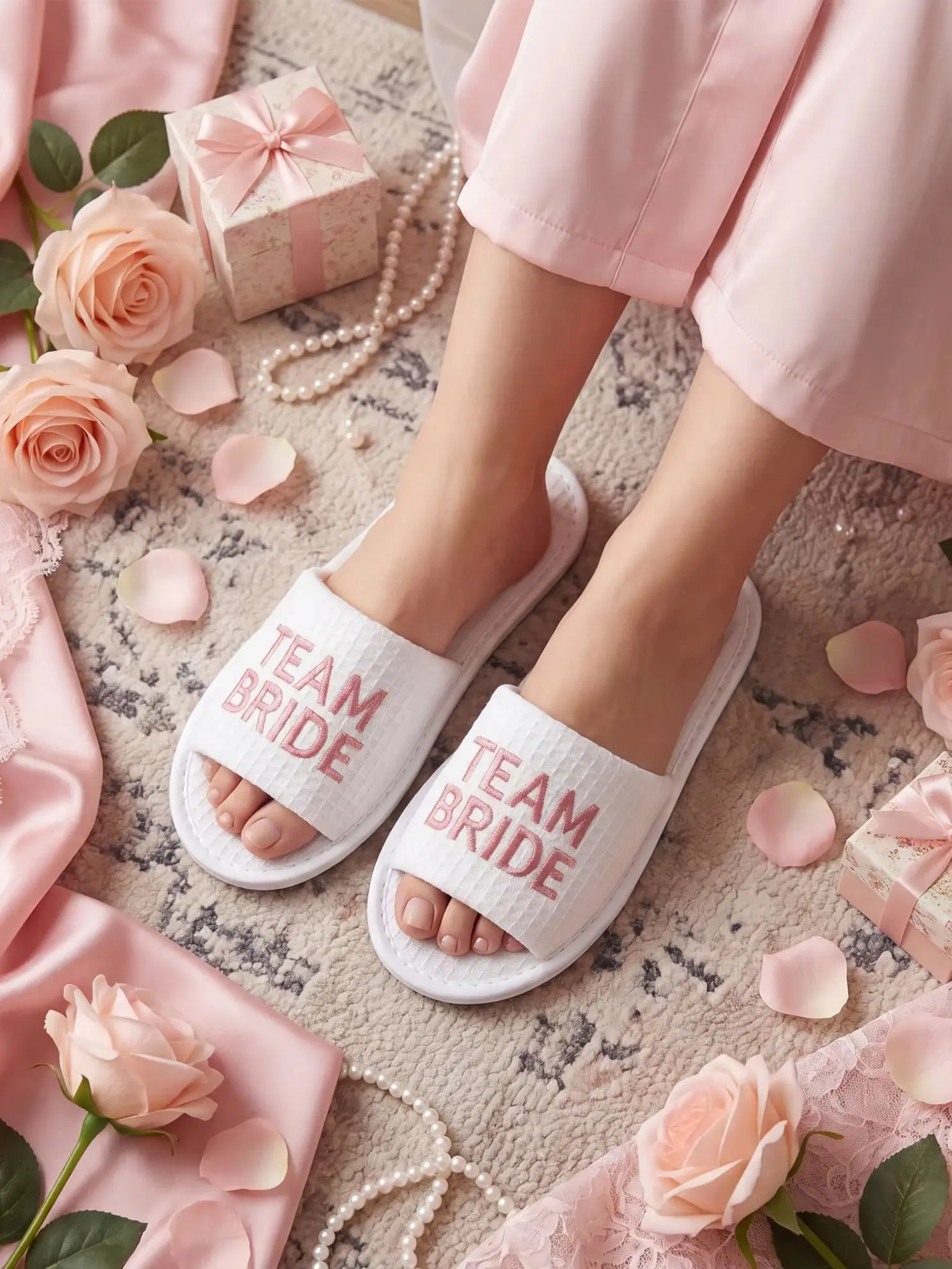 1/6/7 Pairs Dusty Rose Embroidered BRIDE & TEAM BRIDE Waffle Weave Slippers, For Bridal Party Wedding Prep, Photo props