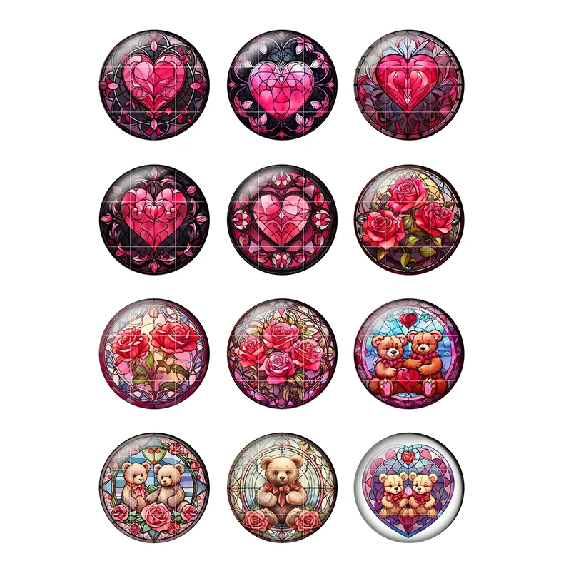 24pcs Romantic Valentine\'s Day Gift Rose Love Pattern 8mm To 25mm Round Photo Glass Cabochon Demo Flat Back Making Findings H330