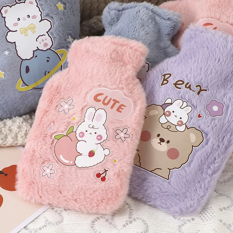 250ML bouillotte Hot Water Bottle Plush Cartoon Kawaii Bear Kat Rabbit Animal Pattern Thick Hot Water Bag Hand Feet Winter Warm