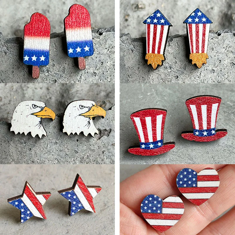 American Independence Day EaringsFlag Round Heart Star Sun Flower Flag Color Matching Wood Ear Studs Jewelry Wholesale