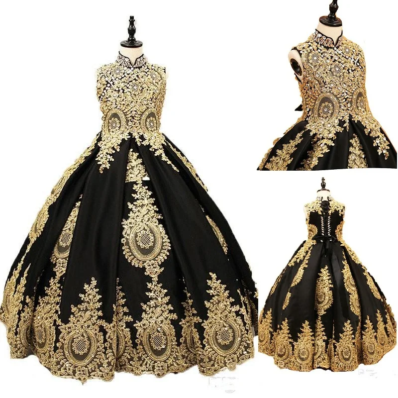 Vestido florado de renda gola alta para meninas, corset back, designer de cristal, vestido concurso primeira comunhão, preto e dourado luxuoso