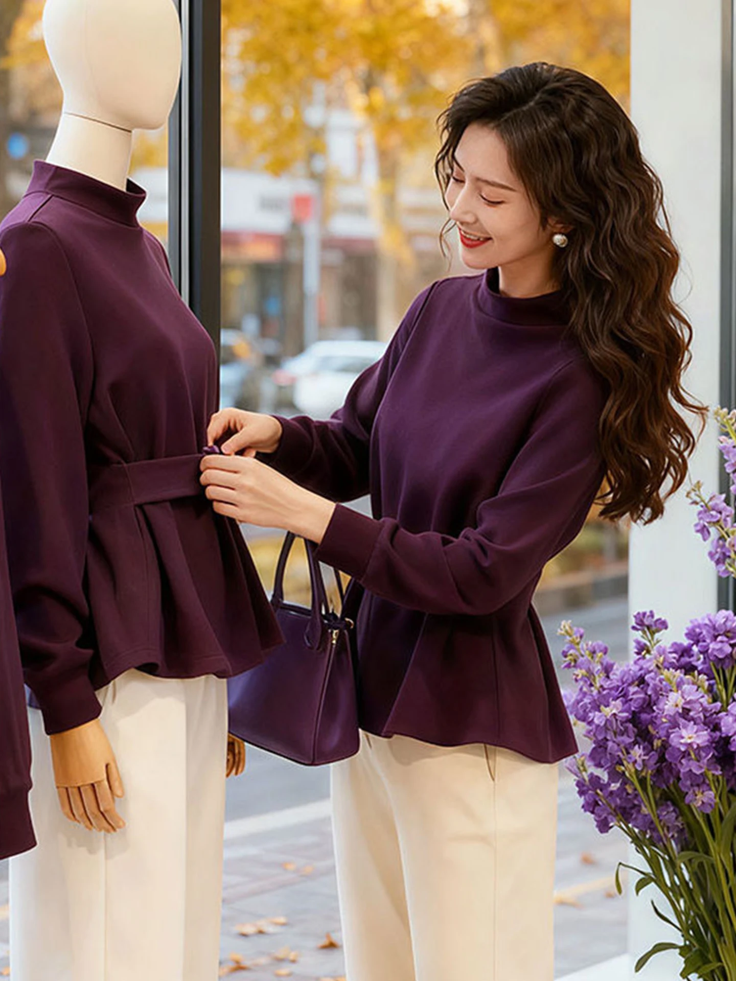 

Chic Long Sve Comfortable Overhead Slimming Base irt Trendy Top Korean Sle Straight Cut Winter Commute Faion Women's...