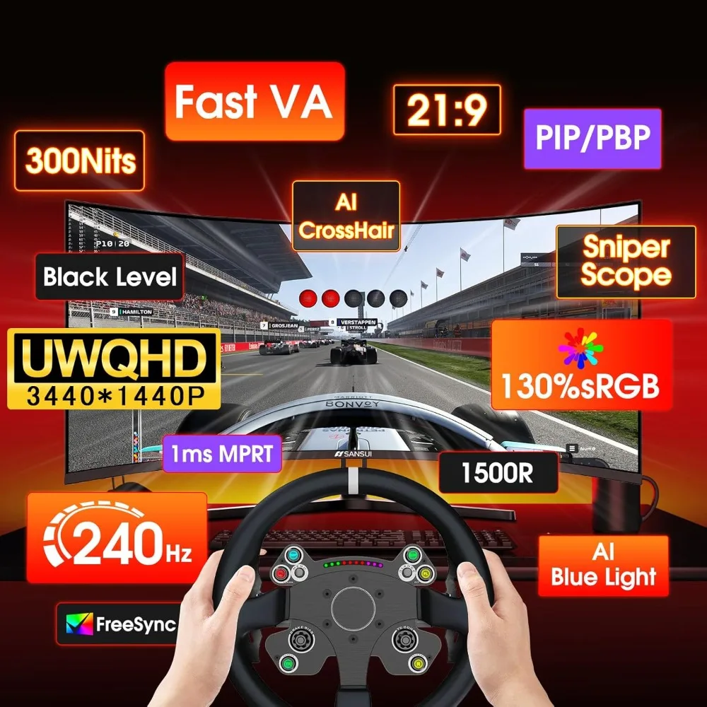 34-calowy monitor gamingowy Ultrawide UWQHD o rozdzielczości 3440x1440P i częstotliwości odświeżania 240Hz, zakrzywiony monitor 2K 21:9 1500R, szybki panel VA, PIP/PBP, krzyżak AI, AIPQ