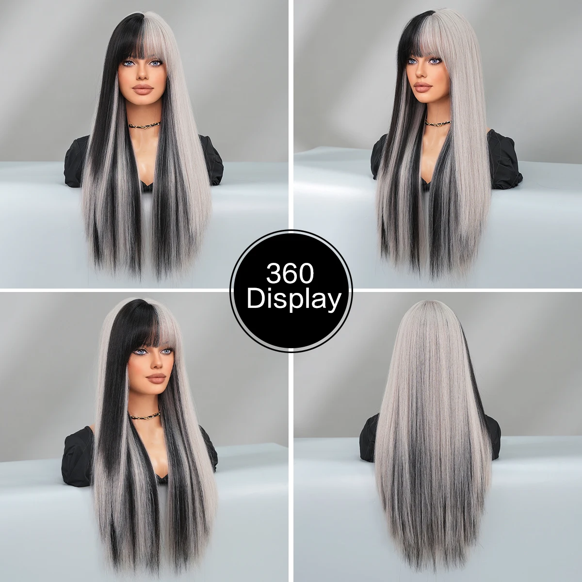 PARK YUN Long Body Straight Silver Ash Hair Wig with Bangs for Women Daily Party High Density Ombre Wigs Heat Resistant Fiber