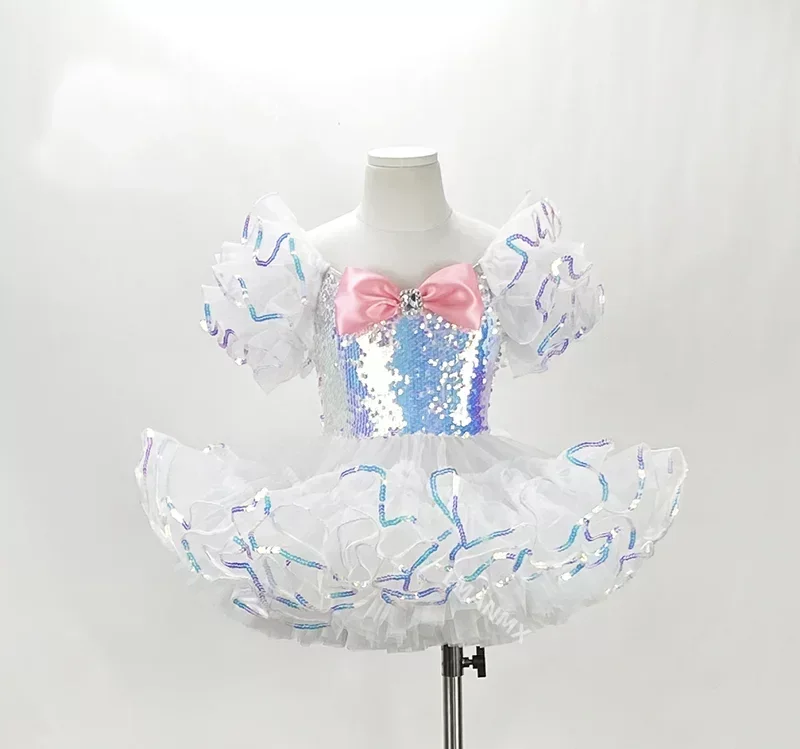 Vestido Tutu de dança moderna lantejoulas para meninas, roupas infantis, traje de dança jazz, vestido de princesa de casamento infantil